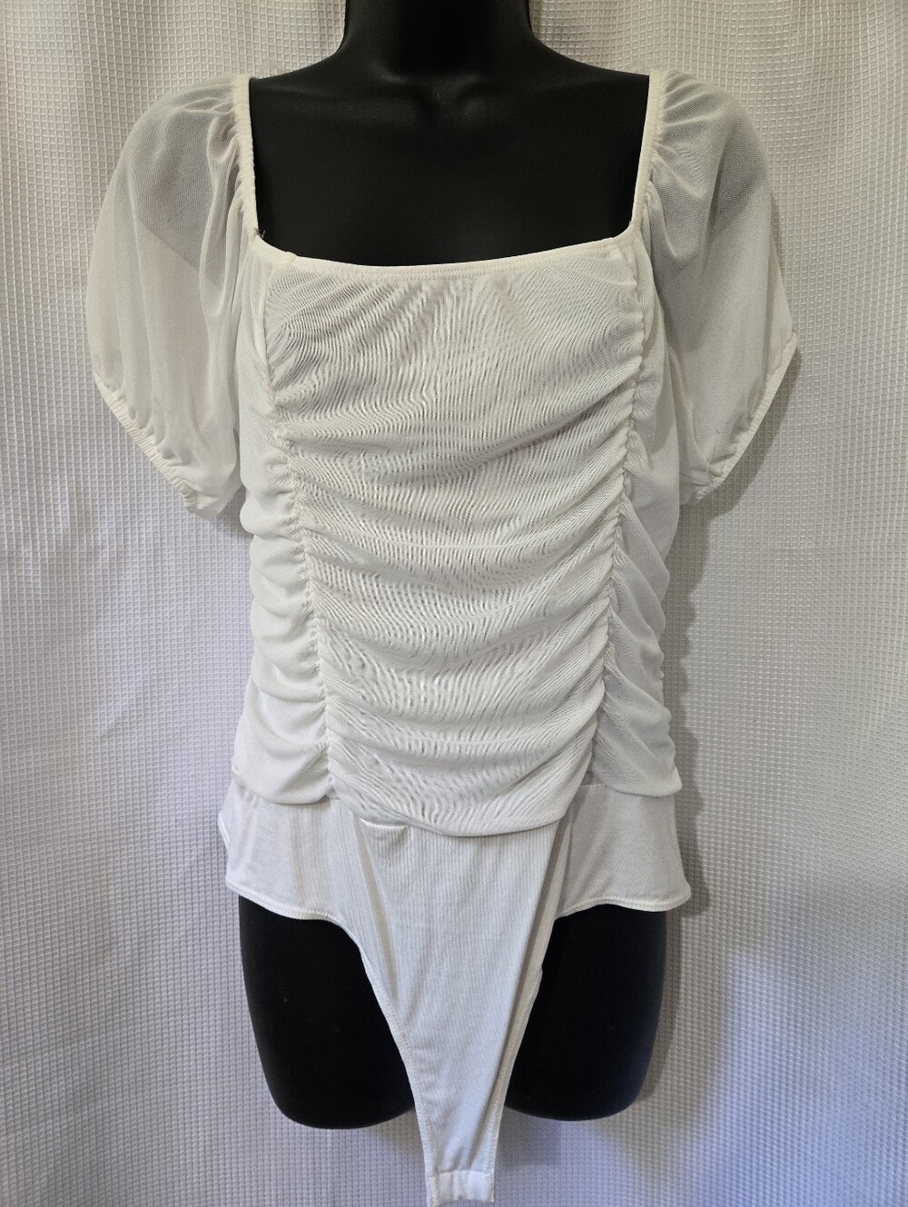 Ruched Square-Neck White Bodysuit Top
